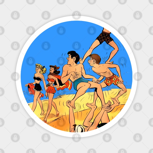 sporty boys playing on the beach by the sea see two beautiful pin up girls Magnet by REVISTANGO